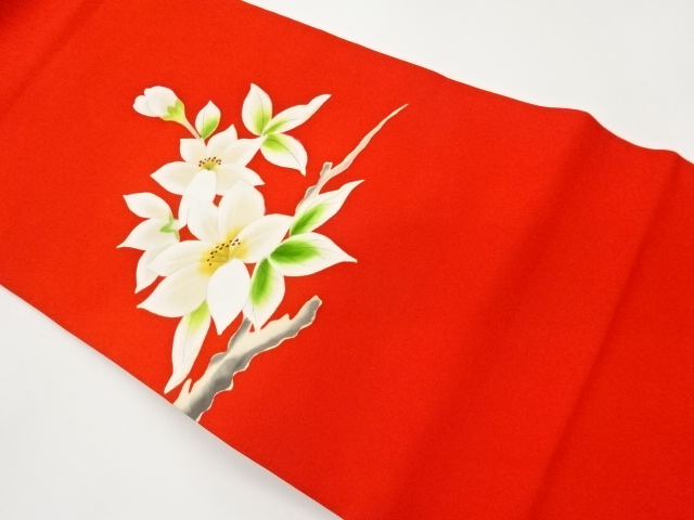 塩瀬手描き枝に花葉模様名古屋帯